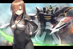 Rule 34 | 1girl, beam scythe, black bodysuit, black gloves, bodysuit, breasts, brown hair, cleavage, commission, energy weapon, eye trail, gloves, green eyes, gundam, gundam deathscythe, gundam wing, hand on own hip, highres, holding, holding shield, holding weapon, indie virtual youtuber, itaco, journey croix, large breasts, light trail, long hair, mecha, mobile suit, pilot suit, robot, science fiction, shield, skeb commission, v-fin, virtual youtuber, weapon