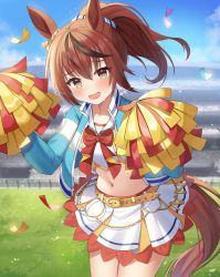 Rule 34 | 1girl, :d, animal ears, belt, blue jacket, bow, bowtie, brown eyes, brown hair, cheerleader, commentary, confetti, cowboy shot, crop top, highres, holding, horse ears, horse girl, horse tail, jacket, kotomaru (sirouko9511), long hair, long sleeves, looking at viewer, midriff, multicolored hair, navel, nice nature (run&amp;win) (umamusume), nice nature (umamusume), open clothes, open jacket, open mouth, outdoors, pom pom (cheerleading), ponytail, shirt, skirt, smile, solo, stomach, streaked hair, tail, umamusume, white shirt, white skirt