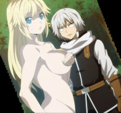 Rule 34 | 1boy, 1girl, absurdres, belt, black vest, blonde hair, blue eyes, breasts, brown gloves, clothed male nude female, collarbone, completely nude, covering privates, covering breasts, covering nipples, gloves, groin, highres, large breasts, long hair, long sleeves, looking at viewer, nude, parted lips, screencap, shirt, sideboob, stitched, third-party edit, touka scott, vest, white hair, white shirt, yellow eyes, yuna yunis, yuusha ga shinda!