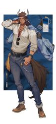 Rule 34 | 1boy, alternate costume, animal ears, arknights, bara, belt, black belt, blue eyes, blue jacket, body hair, bracelet, brown footwear, brown hair, bulge, chest hair, covered erect nipples, cow boy, cow ears, cow horns, cow tail, denim, unworn eyewear, facial hair, full body, highres, horns, jacket, jacket on shoulders, jeans, jewelry, large pectorals, likaou, looking at viewer, pectoral cleavage, male focus, matterhorn (arknights), medium hair, muscular, muscular male, pants, partially unbuttoned, pectorals, shirt, sleeves rolled up, solo, stubble, tail, white shirt