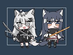 Rule 34 | 2girls, animal ear fluff, animal ears, arknights, black hair, black jacket, black legwear, blue background, brown eyes, chibi, commentary request, dual wielding, expressionless, food, food in mouth, full body, gloves, grey eyes, hair between eyes, hair ornament, hairclip, holding, holding sword, holding weapon, jacket, lappland (arknights), long hair, long sleeves, looking at viewer, material growth, multiple girls, oripathy lesion (arknights), pantyhose, pocky, scar, scar across eye, scar on face, shorts, silver hair, simple background, smile, sword, tail, texas (arknights), weapon, white jacket, wolf ears, xijian