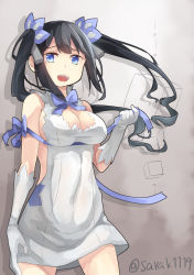 Rule 34 | 10s, 1girl, arm ribbon, artist name, bad id, bad pixiv id, bare shoulders, black hair, blue eyes, bow, bowtie, breasts, cleavage, cleavage cutout, clothing cutout, cowboy shot, dress, dungeon ni deai wo motomeru no wa machigatteiru darou ka, elbow gloves, female focus, gloves, hair ornament, hair ribbon, hestia (danmachi), highres, large breasts, long hair, looking at viewer, open mouth, rei no himo, ribbon, saraki, short dress, sleeveless, sleeveless dress, smile, solo, twintails, white dress, white gloves