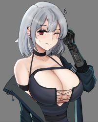 Rule 34 | 1girl, armband, bare shoulders, breasts, choker, cleavage, desspie, ear piercing, earrings, grey hair, highres, huge breasts, jacket, jewelry, looking at viewer, mechanical arms, mole, mole on breast, mole under eye, open clothes, open jacket, original, piercing, prosthesis, prosthetic arm, red eyes, scar, scar across eye, scar on face, short hair, simple background, single mechanical arm, smile, standing, sweat