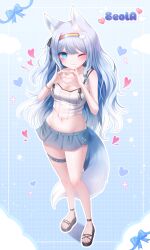 Rule 34 | 1girl, ;3, absurdres, animal ears, bare arms, bare legs, bare shoulders, blue eyes, blue hair, blue skirt, breasts, camisole, character name, cleavage, closed mouth, commission, crop top, fox ears, fox girl, fox tail, full body, gradient background, gradient hair, hair ribbon, hairband, heart, heart hands, highres, honyang, jewelry, long hair, looking at viewer, medium breasts, midriff, miniskirt, multi-strapped camisole, multicolored hair, navel, necklace, one eye closed, one side up, original, ribbon, sandals, shirt, skirt, sleeveless, sleeveless shirt, smile, solo, spaghetti strap, standing, stomach, tail, thigh strap, thighs, very long hair, white shirt