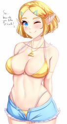 Rule 34 | 1girl, ;), anisdrawn, bare arms, bare shoulders, bikini, bikini under shorts, blonde hair, blue eyes, blue shorts, blush, braid, breasts, cleavage, collarbone, commentary, cowboy shot, crown braid, cutoffs, english commentary, gold bikini, hair ornament, hairclip, highres, jewelry, large breasts, looking at viewer, navel, nintendo, one eye closed, open fly, pendant, pointy ears, princess zelda, short hair, short shorts, shorts, simple background, smile, solo, standing, stomach, swimsuit, the legend of zelda, the legend of zelda: tears of the kingdom, triforce, white background, wink, yellow bikini