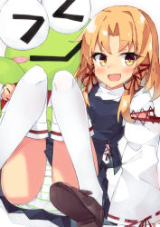 Rule 34 | &gt; &lt;, 1girl, :d, beritabo, black skirt, black vest, blonde hair, blush stickers, brown footwear, commentary request, feet out of frame, hair ribbon, highres, knees together feet apart, knees up, loafers, long hair, long sleeves, looking at viewer, moriya suwako, open mouth, panties, parted bangs, red ribbon, ribbon, ribbon-trimmed sleeves, ribbon trim, shirt, shoes, sitting, skirt, skirt set, smile, solo, striped clothes, striped panties, thighhighs, touhou, underwear, vest, white background, white shirt, white thighhighs, wide sleeves, yellow eyes