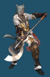 Rule 34 | 1boy, 5altybitter5, animal ears, axe, belt, black belt, blouse, blue background, boots, braid, cat ears, closed mouth, dark-skinned male, dark skin, fighting stance, final fantasy, final fantasy xiv, full body, grey hair, highres, holding, holding axe, holding weapon, igor (5altybitter5), jewelry, long hair, looking at viewer, male focus, miqo&#039;te, multiple belts, multiple necklaces, necklace, pants, scar, scar across eye, shirt, simple background, smile, solo, standing, warrior (final fantasy), warrior of light (ff14), weapon, white eyes, white pants, white shirt