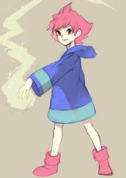 Rule 34 | 1girl, boots, closed mouth, dress, highres, hood, hoodie, kumatora, looking at viewer, mother (game), mother 3, nintendo, pink hair, short hair, simple background, smile, solo