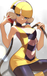 Rule 34 | 1girl, aqua eyes, black pantyhose, blonde hair, blunt bangs, breasts, cleavage, creatures (company), elesa (pokemon), game freak, gradient background, grey background, highres, looking at viewer, medium breasts, navel, nintendo, nuneno, pantyhose, pokemon, pokemon bw, sitting, solo, thighs