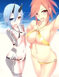 Rule 34 | 2girls, azanami (pso2), beach, bikini, blue eyes, blue hair, blush, breasts, covered erect nipples, covering privates, covering breasts, cowboy shot, embarrassed, flat chest, hair between eyes, hand on own hip, heterochromia, highres, horns, io (pso2), large breasts, looking at viewer, multiple girls, open mouth, phantasy star, phantasy star online 2, pink eyes, pink hair, reaching, reaching towards viewer, selfie, short hair, smile, sukage, swimsuit, tattoo, water
