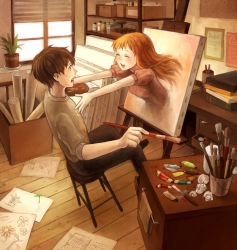 Rule 34 | 1boy, 1girl, art brush, blush, brown hair, canvas (object), closed eyes, easel, face, imminent hug, long hair, mikihisa415, open mouth, orange hair, original, outstretched arms, paint, paintbrush, palette (object), short hair, sitting, sprout, stool, surreal, through medium, through painting, through screen, window