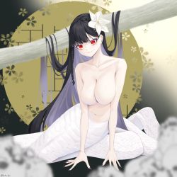 Rule 34 | 1girl, black background, black hair, braid, branch, breasts, closed mouth, collarbone, colored inner hair, ear piercing, flower, full body, gradient background, grey background, grey hair, hair flower, hair ornament, highres, lamia, large breasts, long hair, looking at viewer, mole, mole under eye, monster girl, multicolored hair, navel, no nipples, nude, original, piercing, red eyes, scales, side braid, smile, solo, veins, veiny breasts, very long hair, weisskaeppchen, white flower