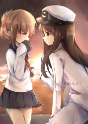 Rule 34 | 10s, 2girls, absurdres, admiral (kancolle), bad id, bad pixiv id, black eyes, brown eyes, brown hair, covering own mouth, female admiral (kancolle), folded ponytail, gloves, half updo, hat, highres, holding hands, inazuma (kancolle), kantai collection, military, military uniform, multiple girls, naval uniform, ryuuji teitoku, sleeves past wrists, smile, uniform