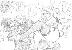 Rule 34 | 1girl, 3boys, anatomical nonsense, animal ears, arm around shoulder, armpits, bad anatomy, bodysuit, boku no hero academia, boots, breasts, closed eyes, commentary request, covering nose, dabi (boku no hero academia), disgust, endeavor (boku no hero academia), facial hair, facial mark, fingerless gloves, floating hair, fur-trimmed jacket, fur collar, fur trim, gloves, graphite (medium), greyscale, hawks (boku no hero academia), heattech leotard, horikoshi kouhei, jacket, jumping, leotard, long eyelashes, long hair, looking at another, mirko, monochrome, multiple boys, muscular, muscular female, nose picking, open mouth, paw shoes, pectorals, pinching, rabbit ears, rabbit girl, rabbit tail, scar, scar on face, second-party source, short hair, sleeveless, sound effects, speech bubble, spiked hair, stitches, stubble, tail, talking, thick thighs, thigh boots, thighhighs, thighs, tongue, tongue out, traditional media, translation request, turtleneck, vambraces