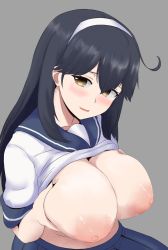 Rule 34 | 10s, 1girl, ahoge, black hair, blue skirt, blush, breast hold, breasts, breasts out, brown eyes, clothes lift, grey background, hairband, headband, kantai collection, large areolae, large breasts, long hair, looking at viewer, naozuri, nipples, open mouth, pleated skirt, school uniform, serafuku, shirt, shirt lift, short sleeves, simple background, skirt, smile, solo, upper body, ushio (kancolle), white shirt