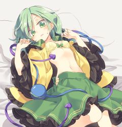 Rule 34 | 1girl, arms up, bra, breasts, green eyes, green hair, knees together feet apart, komeiji koishi, lying, navel, on back, open clothes, open mouth, open shirt, open skirt, panties, panty peek, pillow, satou kibi, shirt, short hair, skirt, small breasts, solo, third eye, touhou, unbuttoned, underwear, unfastened, unzipped, yellow bra, yellow panties, yellow shirt