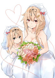 Rule 34 | 2girls, bare arms, bare shoulders, blonde hair, blush, bouquet, braid, breasts, bridal veil, bride, closed mouth, dress, flower, gloves, grey eyes, hair flaps, hair ornament, hair ribbon, hairclip, heart, highres, if they mated, kantai collection, long hair, looking at viewer, married, mother and daughter, multiple girls, red eyes, ribbon, saku (kudrove), single braid, smile, strapless, strapless dress, veil, wedding dress, white background, yuudachi (kancolle)