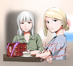 Rule 34 | 2girls, blonde hair, blue eyes, blurry, blurry background, cake, casual, commentary, english commentary, food, fork, gremyashchy (ryan greythorn), grey eyes, grey hair, happy birthday, highres, leningrad (ryan greythorn), long hair, looking at viewer, multiple girls, original, parted lips, ryan greythorn, shipping container, short ponytail, smile, upper body, world of warships