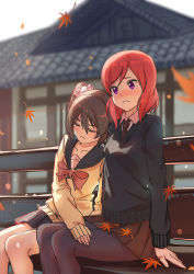 Rule 34 | 10s, 2girls, arm at side, arm support, autumn leaves, bare legs, bench, black hair, black legwear, black necktie, black skirt, blouse, blurry, blush, bow, brown skirt, building, closed eyes, depth of field, embarrassed, female focus, friends, frown, hand on another&#039;s thigh, highres, leaf, leaning on person, legs, long sleeves, love live!, love live! school idol festival, love live! school idol project, maple leaf, multiple girls, necktie, nervous, nishikino maki, nose blush, outdoors, pantyhose, pleated skirt, purple eyes, red bow, red hair, school uniform, scrunchie, serafuku, shirt, short hair, short twintails, shy, side-by-side, sitting, skirt, sleeping, sweater, swept bangs, twintails, wavy mouth, white shirt, wing collar, winter uniform, yazawa nico, yuri, zhanzheng zi