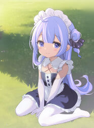 Rule 34 | 1girl, ahoge, alternate costume, azur lane, between legs, black dress, black ribbon, blush, closed mouth, collar, commentary request, day, detached collar, dress, elbow gloves, enmaided, frilled collar, frilled dress, frills, full body, gloves, hair bun, hair ribbon, hand between legs, highres, long hair, looking at viewer, maid, no shoes, on grass, one side up, outdoors, pantyhose, purple eyes, purple hair, ribbon, single side bun, sitting, smile, solo, sukireto, unicorn (azur lane), very long hair, wariza, white collar, white gloves, white pantyhose