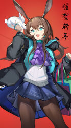 Rule 34 | 1girl, absurdres, aecec, amiya (arknights), animal, animal ears, arknights, ascot, bag, black background, black jacket, black pantyhose, blue eyes, blue jacket, blue skirt, brown hair, commentary request, cowboy shot, hands up, highres, holding, holding animal, hood, hood down, hooded jacket, jacket, jewelry, long hair, long sleeves, looking at viewer, multiple rings, open clothes, open jacket, open mouth, painttool sai (medium), pantyhose, purple ascot, rabbit, rabbit ears, rabbit girl, ring, shopping bag, skirt, smile, solo, sweater, white sweater
