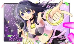 Rule 34 | 1girl, :d, armpits, bare shoulders, belt, black shorts, blue hair, breasts, cleavage, fire emblem, hair ornament, hairclip, holding, holding microphone, long hair, looking at viewer, microphone, navel, nintendo, open mouth, oribe tsubasa, purple eyes, shorts, smile, solo, tokyo mirage sessions fe, twitter username, yukia (firstaid0)