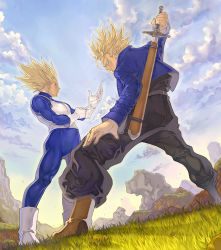 Rule 34 | 2boys, adjusting clothes, adjusting gloves, age difference, alien, aqua eyes, blonde hair, boots, cloud, day, dragon ball, dragonball z, father and son, foreshortening, from below, frown, gloves, grass, green eyes, holding, holding sword, holding weapon, jacket, katsutake, legs apart, male focus, multiple boys, sheath, sky, spiked hair, standing, super saiyan, super saiyan 1, sword, time travel, trunks (dragon ball), trunks (future) (dragon ball), unsheathing, vegeta, weapon, weapon on back