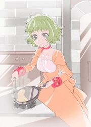 Rule 34 | 1girl, brown eyes, choker, closed mouth, collarbone, cooking, dress, farah oersted, food, frying pan, fumiko (mesushi), green hair, holding, holding frying pan, indoors, looking at viewer, red choker, short hair, smile, solo, tales of (series), tales of eternia