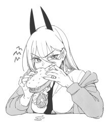 Rule 34 | 1girl, breasts, burger, burger malfunction, chainsaw man, cross-shaped pupils, demon horns, eating, fingernails, food, food on face, greyscale, hands up, highres, holding, holding food, horns, jacket, long hair, looking at viewer, monochrome, necktie, power (chainsaw man), sake goroke, shirt, solo, symbol-shaped pupils, upper body, v-shaped eyebrows
