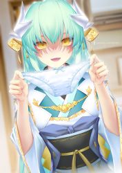 Rule 34 | 1girl, aqua hair, aqua kimono, blush, breasts, dmith, dragon horns, fate/grand order, fate (series), hair ornament, holding, holding clothes, holding panties, holding underwear, horns, japanese clothes, kimono, kiyohime (fate), long hair, long sleeves, looking at viewer, medium breasts, multiple horns, obi, open mouth, panties, presenting removed panties, sash, shaded face, smile, underwear, white panties, wide sleeves, yellow eyes