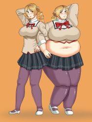 Rule 34 | 10s, 2girls, belly, blonde hair, blush, breasts, cleavage, drill hair, dual persona, fat, highres, huge breasts, mahou shoujo madoka magica, multiple girls, navel, sakumatyann, size difference, thick thighs, thighs, tomoe mami, twin drills, yellow eyes