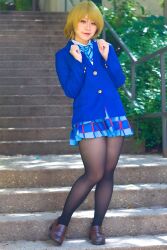 Rule 34 | blonde hair, bow, bowtie, cosplay, highres, koizumi hanayo, koizumi hanayo (cosplay), love live!, love live! school idol project, miniskirt, pantyhose, real life, school uniform, short hair, skirt, stairs, tagme