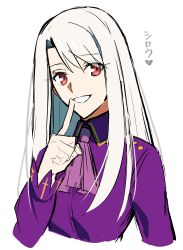 Rule 34 | 1girl, absurdres, bow, bowtie, breasts, chietori, eyebrows hidden by hair, fate/stay night, fate (series), finger to mouth, highres, illyasviel von einzbern, long hair, looking at viewer, open mouth, red eyes, shushing, simple background, smile, solo, upper body, white background, white hair