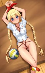 Rule 34 | 1girl, :t, arms up, ball, bdsm, blonde hair, blue eyes, blush, bondage, bottomless, bound, bound knees, bound wrists, braid, cleft of venus, collarbone, everlasting summer, highres, huyase, long hair, looking at viewer, lying, mat, navel, on back, pout, pussy, rope, shibari, shibari under clothes, shirt, slavya-chan, twin braids, uncensored, very long hair, volleyball, volleyball (object), white shirt, wooden floor