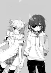 Rule 34 | 2girls, alternate costume, animal ears, bow, cat, cat ears, cat tail, commentary request, cowboy shot, eyepatch, fang, greyscale, hair between eyes, hand in pocket, holding hands, hood, hoodie, kantai collection, kemonomimi mode, kiso (kancolle), medium hair, mito (go!go!king!), monochrome, multiple girls, one eye closed, open mouth, pants, puffy short sleeves, puffy sleeves, short sleeves, simple background, tail, tama (kancolle), thighhighs