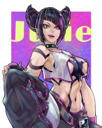 Rule 34 | 1girl, abs, belt, bracelet, breasts, capcom, choker, covered erect nipples, drill hair, fighting stance, han juri, heterochromia, highres, jewelry, large breasts, licking lips, looking at viewer, navel, solo, spiked bracelet, spikes, street fighter, street fighter 6, to-ru, toned, tongue, tongue out, twin drills, yin yang