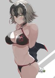 Rule 34 | 1girl, ahoge, bad id, bad twitter id, bikini, black bikini, black jacket, blush, bottle, breasts, choker, cleavage, closed mouth, collarbone, commentary request, fate/grand order, fate (series), grey background, hair between eyes, hareno chiame, headpiece, jacket, jeanne d&#039;arc alter (swimsuit berserker) (fate), jeanne d&#039;arc (fate), jeanne d&#039;arc alter (avenger) (fate), jeanne d&#039;arc alter (fate), jeanne d&#039;arc alter (swimsuit berserker) (fate), large breasts, long hair, looking at viewer, o-ring, simple background, solo, swimsuit, water bottle, yellow eyes