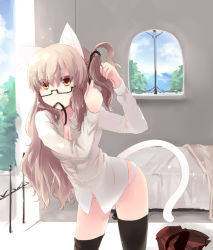Rule 34 | 1girl, animal ears, black thighhighs, bottomless, cat ears, cat tail, glasses, long hair, mouth hold, ribbon, shin (new), solo, tail, thighhighs