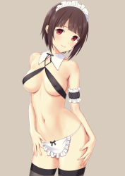 Rule 34 | 1girl, apron, bare arms, bare shoulders, black hair, black thighhighs, blunt bangs, blush, breasts, cleavage, closed mouth, collarbone, contrapposto, covered erect nipples, cowboy shot, detached sleeves, frilled apron, frilled sleeves, frills, grey background, hands on own thighs, head tilt, looking at viewer, maid headdress, medium breasts, n.g., navel, original, puffy short sleeves, puffy sleeves, red eyes, short hair, short sleeves, simple background, smile, solo, stomach, thighhighs, waist apron, white apron
