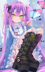Rule 34 | 1girl, 333shishishi333, :3, absurdres, badge, bandaged fingers, bandages, bandaid, bandaid on hand, bandaid on knee, bandaid on leg, black bow, black footwear, boots, bow, button badge, candy, choppy bangs, cross, cross earrings, crucifix, demon tail, dress, ear chain, earrings, food, footwear focus, frilled dress, frills, green eyes, hair bow, hair ornament, hairclip, highres, holding, holding candy, holding food, holding lollipop, hololive, jewelry, knees up, lollipop, long hair, looking at viewer, multicolored hair, name tag, pink nails, platform boots, platform footwear, purple hair, sidelocks, tail, thigh strap, tokoyami towa, twintails, two-tone hair, very long hair, virtual youtuber, white hair