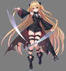 Rule 34 | 10s, 1girl, bare shoulders, blonde hair, detached sleeves, full body, grey background, hair intakes, hair ornament, highres, huge filesize, konjiki no yami, long hair, looking at viewer, official art, parted lips, petals, ragnador, red eyes, scan, simple background, solo, to love-ru, to love-ru darkness, two side up, very long hair, weapon, white background, yabuki kentarou