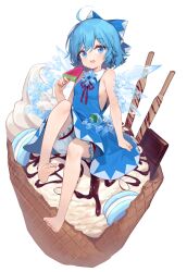 Rule 34 | 1girl, absurdres, adapted costume, animal, barefoot, bloomers, blue bow, blue dress, blue eyes, blue hair, bow, breasts, chocolate, cirno, commentary request, dress, feet, food, frog, full body, hair bow, highres, ice, ice cream, ice wings, legs, looking at viewer, neck ribbon, popsicle, red ribbon, ribbon, sankyaku tako, short hair, sitting, sleeveless, sleeveless dress, small breasts, snowflakes, soles, solo, toes, touhou, underwear, watermelon bar, white bloomers, wings