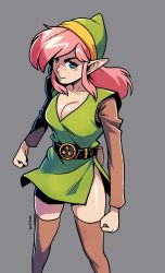 Rule 34 | 1girl, belt, belt buckle, blue eyes, breasts, brellom, brown thighhighs, buckle, cleavage, clenched hands, freckles, genderswap, genderswap (mtf), hat, highres, link, link (shounen captain), long sleeves, looking at viewer, medium breasts, medium hair, nintendo, pink hair, pointy ears, side slit, sidelocks, solo, standing, the legend of zelda, the legend of zelda: a link to the past, thighhighs, triforce, tunic