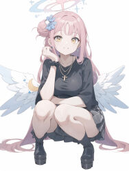 Rule 34 | 1girl, angel wings, baggy shirt, bent over, black shirt, boots, breasts, casual, feathered wings, frilled skirt, frills, grey skirt, grin, hair between eyes, hair spread out, halo, high heel boots, high heels, highres, knees, long hair, long shirt, looking at viewer, medium breasts, mika (blue archive), neckalce, pink hair, pink halo, plaid, plaid skirt, pleated skirt, poses, scrunchie, shirt, simple background, skirt, smile, solo focus, squatting, very long hair, white background, wings, wrist scrunchie, yellow eyes