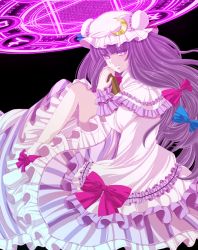 Rule 34 | 1girl, blue bow, blunt bangs, book, bow, capelet, crescent, dress, frilled dress, frilled sleeves, frills, full body, hair bow, hat, hexagram, long hair, long sleeves, looking at viewer, magic circle, mob cap, patchouli knowledge, purple dress, purple eyes, purple hair, red bow, smile, socks, solo, touhou, very long hair, white socks, yuha (yh-krm)