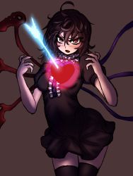 Rule 34 | 1girl, ahoge, arrow (projectile), arrow through heart, asymmetrical wings, black dress, black hair, blush, dress, glaring, grey background, heart, heart on chest, highres, houjuu nue, looking at viewer, messy hair, miata (miata8674), simple background, solo, thighhighs, touhou, wings, zettai ryouiki
