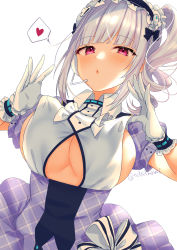 Rule 34 | 1girl, absurdres, azur lane, blush, breast lift, breasts, clothes lift, clothing cutout, dido (azur lane), dido (muse) (azur lane), dress, framed breasts, frills, gloves, hairband, headset, heart, highres, idol, large breasts, long hair, looking at viewer, pink eyes, plaid, puffy short sleeves, puffy sleeves, short sleeves, side ponytail, solo, spoken heart, teltelhousi, underboob, underboob cutout, white gloves, white hair