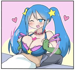 Rule 34 | 1boy, 1girl, arcade sona, blue eyes, blue hair, blush, breasts, censored, clothed sex, elbow gloves, fingerless gloves, gloves, heart, heart-shaped pupils, huge breasts, league of legends, one eye closed, paizuri, penis, sona (league of legends), symbol-shaped pupils, twintails, white-stew, wink