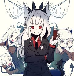 Rule 34 | 4girls, black gloves, black nails, black suit, breasts, business suit, buttons, cerberus (helltaker), crown, cup, ddari, demon girl, demon horns, demon tail, dog girl, drinking glass, fangs, formal, gloves, hand in pocket, helltaker, highres, horns, long sleeves, looking at viewer, lucifer (helltaker), malina (helltaker), mole, mole under eye, multiple girls, nail polish, open mouth, red eyes, red shirt, shirt, silver hair, simple background, suit, tail, undershirt, waistcoat, white gloves, wine glass
