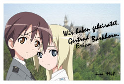 Rule 34 | 00s, 2girls, alternate hairstyle, blonde hair, blue eyes, brown eyes, brown hair, erica hartmann, german text, gertrud barkhorn, long hair, military, military uniform, multiple girls, neuschwanstein castle, aged up, photo (object), short hair, strike witches, translated, uniform, wife and wife, world witches series, yuri